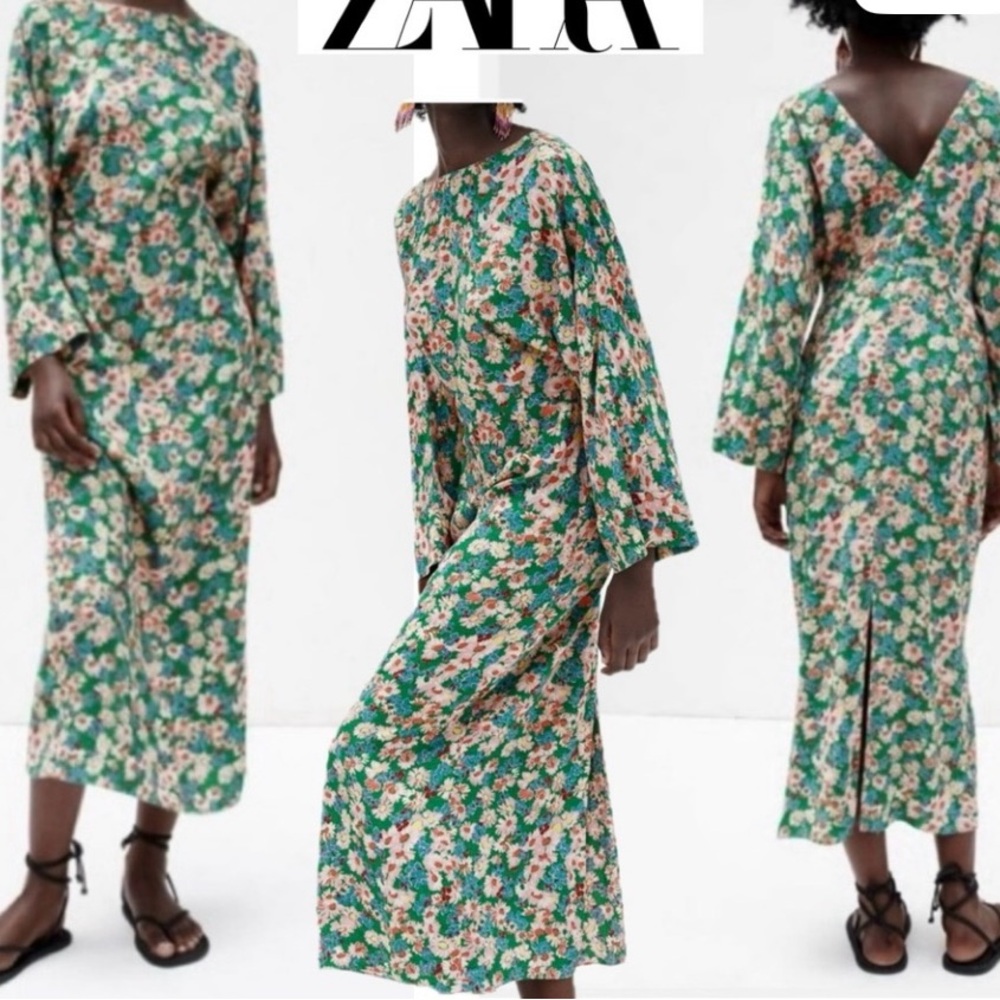 Zara Green Floral Print Midi Dress